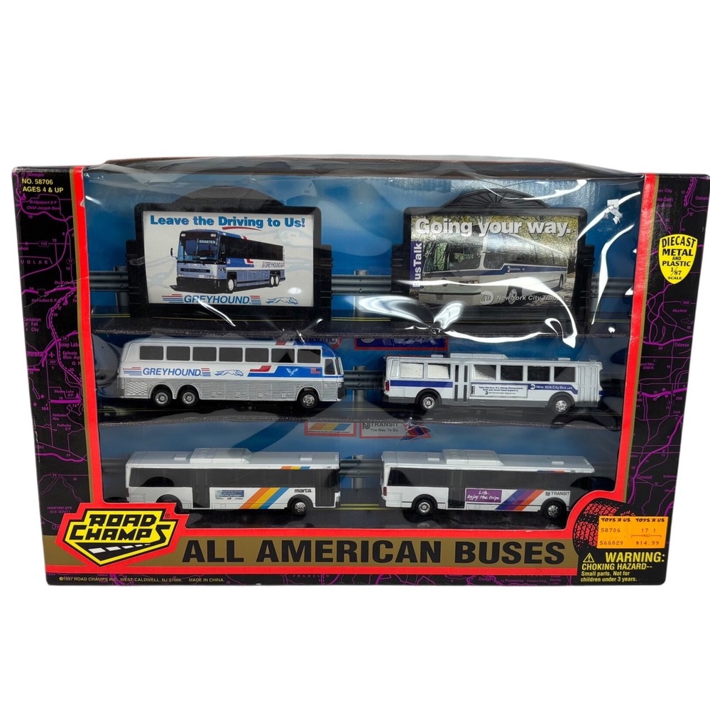 Vintage 1997 Road Champs All American Buses 1/87 Diecast 4pc Set 58706 New Box